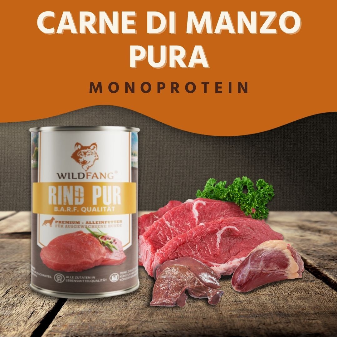 Lattina di cibo umido, carne e frattaglie. Testo: WILDFANG, Rind Pur, B.A.R.F. Qualità, Monoproteico, Carne di Manzo Pura.