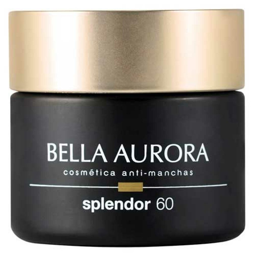 Vaso nero con coperchio dorato. Scritta: Bella Aurora, cosmética anti-manchas, splendor 60.