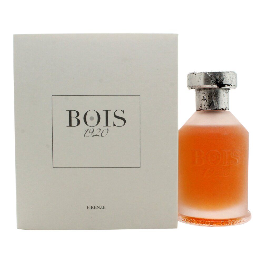 Flacone di profumo con tappo argentato e scatola. Sulla scatola è scritto BOIS 1920 e FIRENZE. Il flacone è parzialmente trasparente.