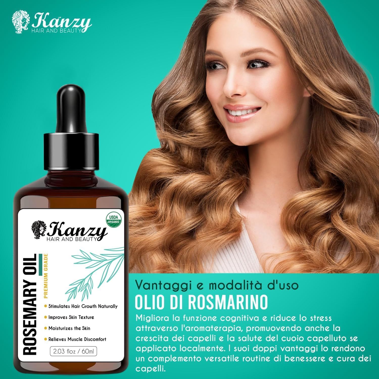 Donna con capelli mossi. Accanto: flacone Kanzy Olio di rosmarino. Testo: Vantaggi e modalità d'uso Olio di rosmarino. Informazioni sul prodotto sull'etichetta.