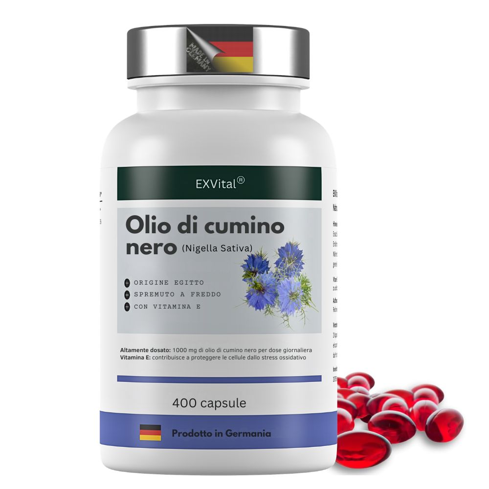 Flacone di capsule Olio di cumino nero (Nigella Sativa). Testo: 400 capsule, prodotto in Germania.