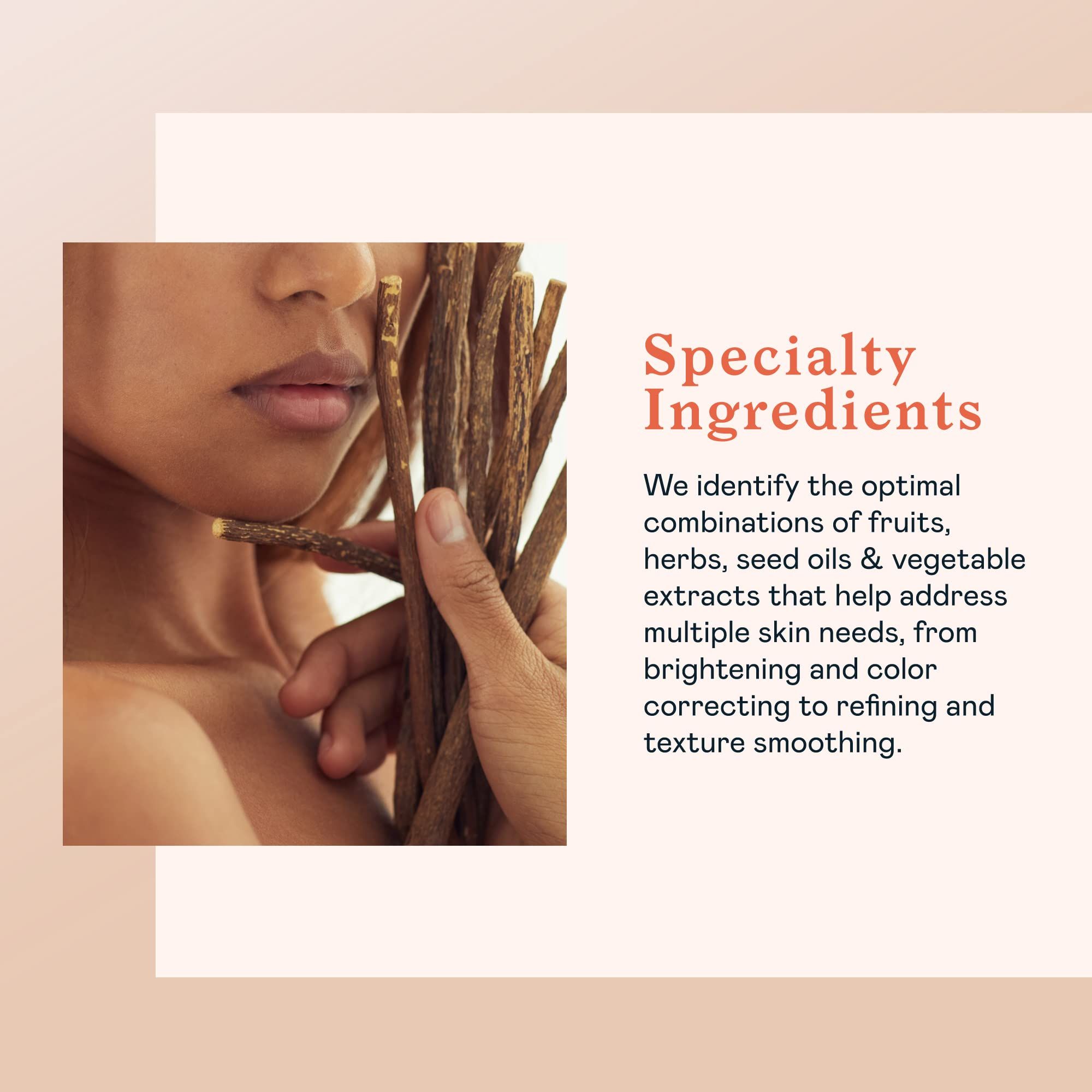 Primo piano di una donna che tiene dei bastoncini. Testo: Ingredienti speciali. Estratti di frutta, erbe, oli di semi e verdure.