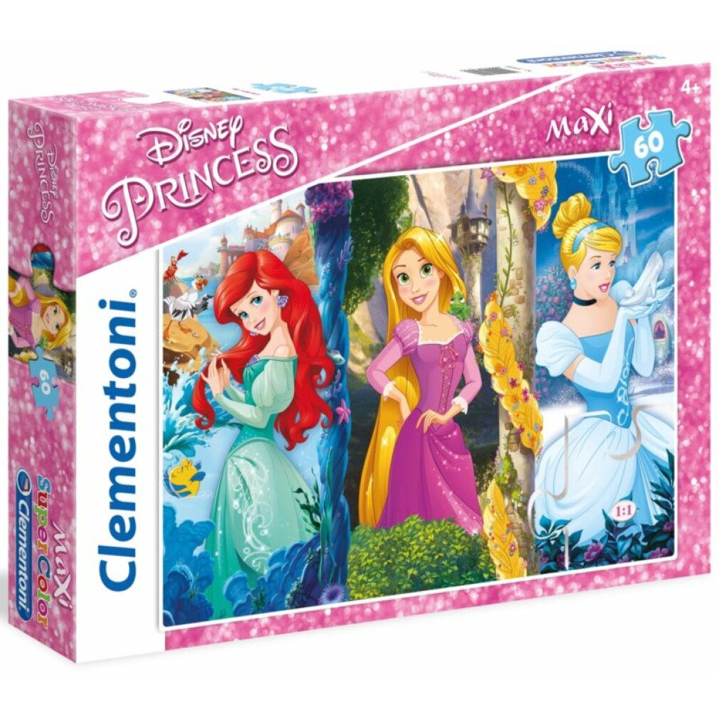 Puzzle Clementoni Disney Princess Maxi. Confezione rosa con illustrazioni di tre principesse. 60 pezzi.