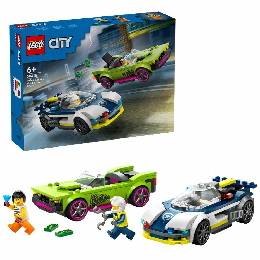 Set LEGO City con due macchinine giocattolo, personaggi e accessori. La confezione mostra le auto. I personaggi tengono accessori.
