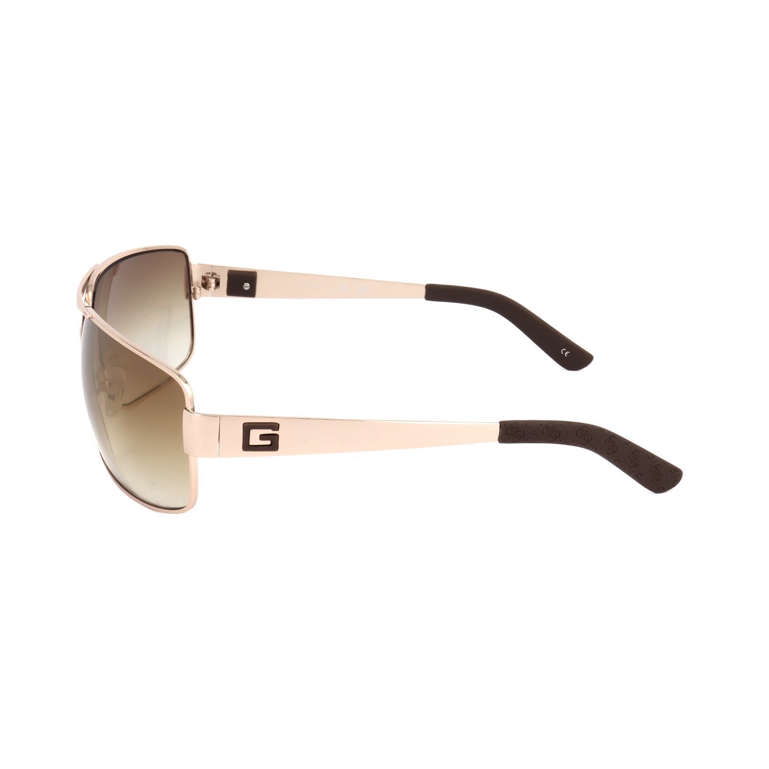 Occhiali da sole color oro rosa con lenti marroni e logo G sulla stanghetta.