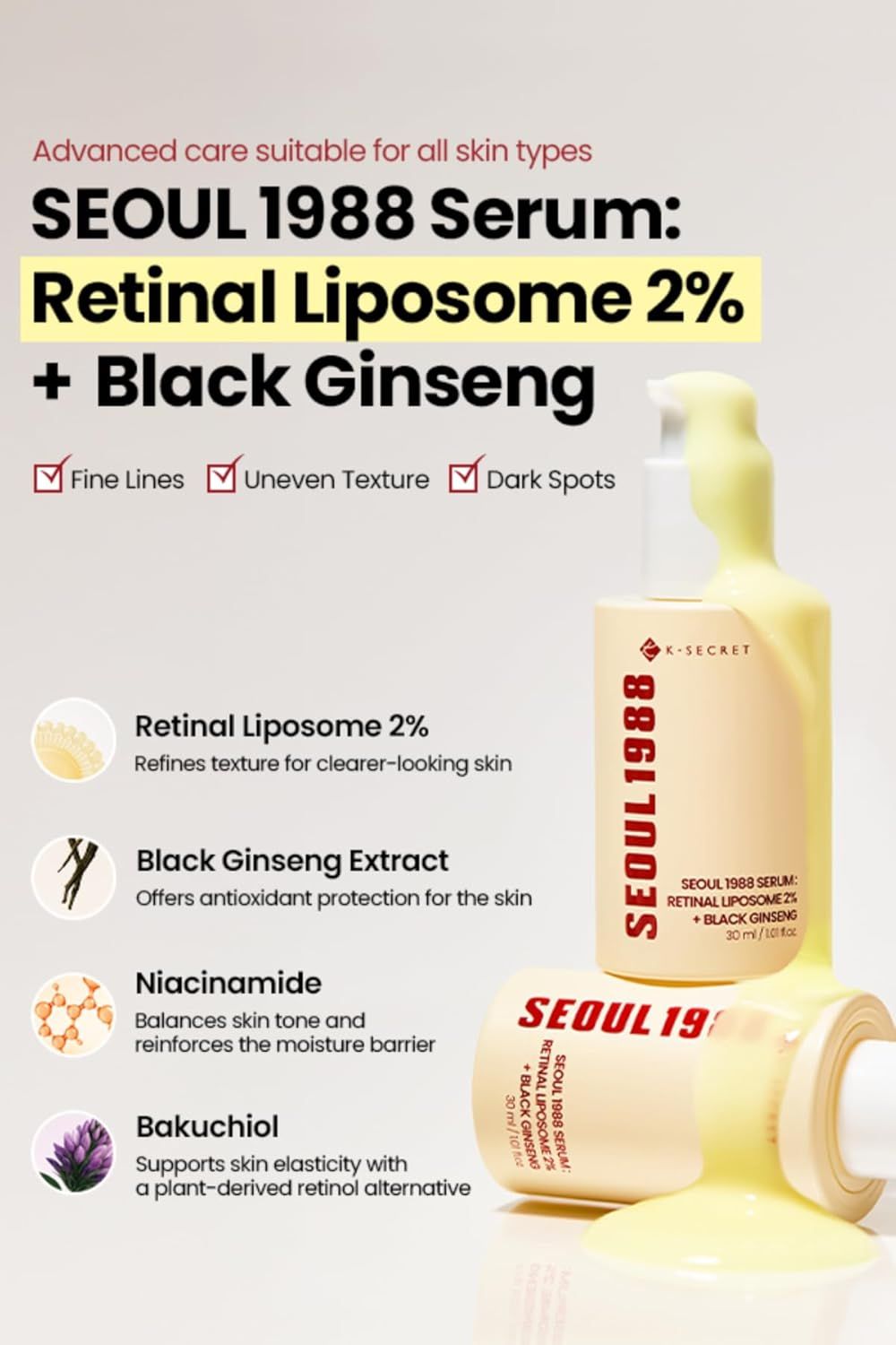 Flacone di siero e informazioni sul prodotto. Scritta rossa: SEOUL 1988. Testo: Retinal Liposome 2% + Black Ginseng. Ingredienti.