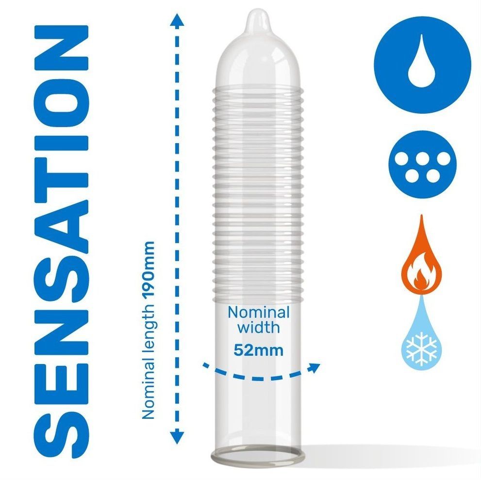 Preservativo lungo 190mm e largo 52mm. Illustrazioni: goccia d'acqua, punti, fiamma, cristallo di ghiaccio.