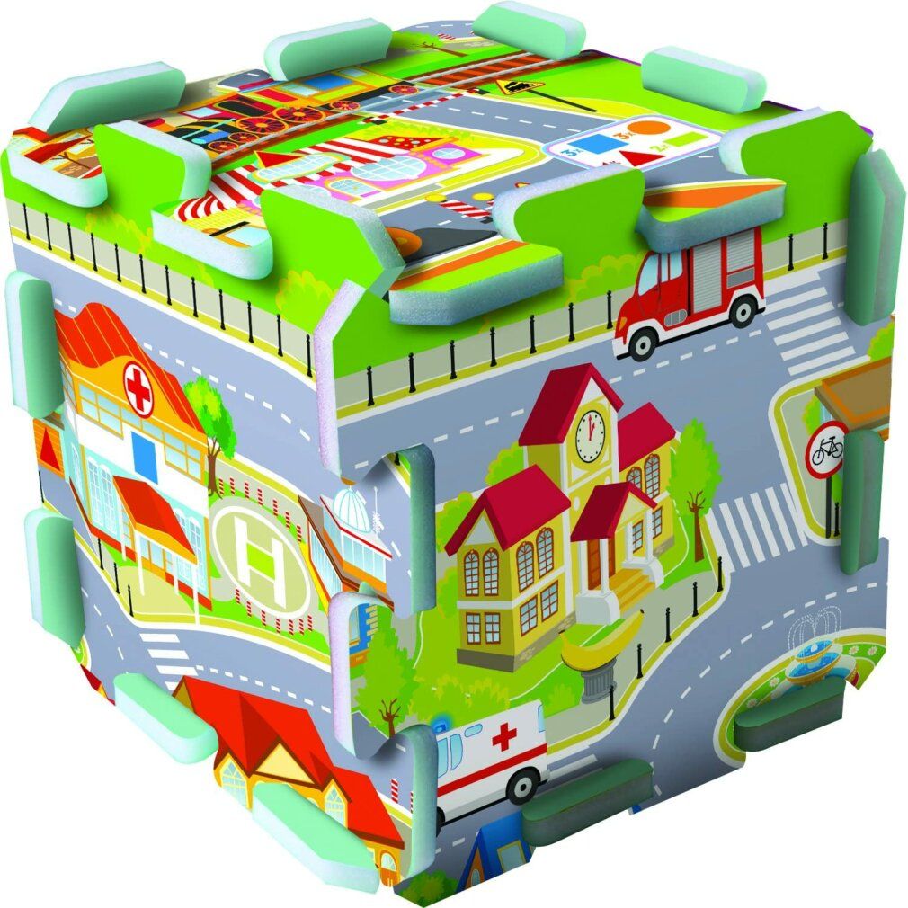 Puzzle in schiuma a forma di cubo con motivo cittadino. Strade, edifici e veicoli sono raffigurati sui lati. Pezzi del puzzle collegati.