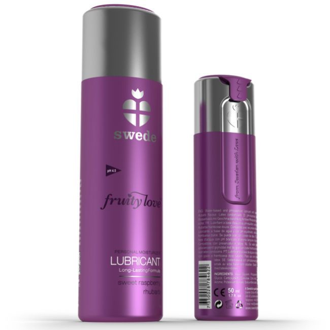 Due flaconi viola con tappi argentati, lubrificante 'swede fruity love'.