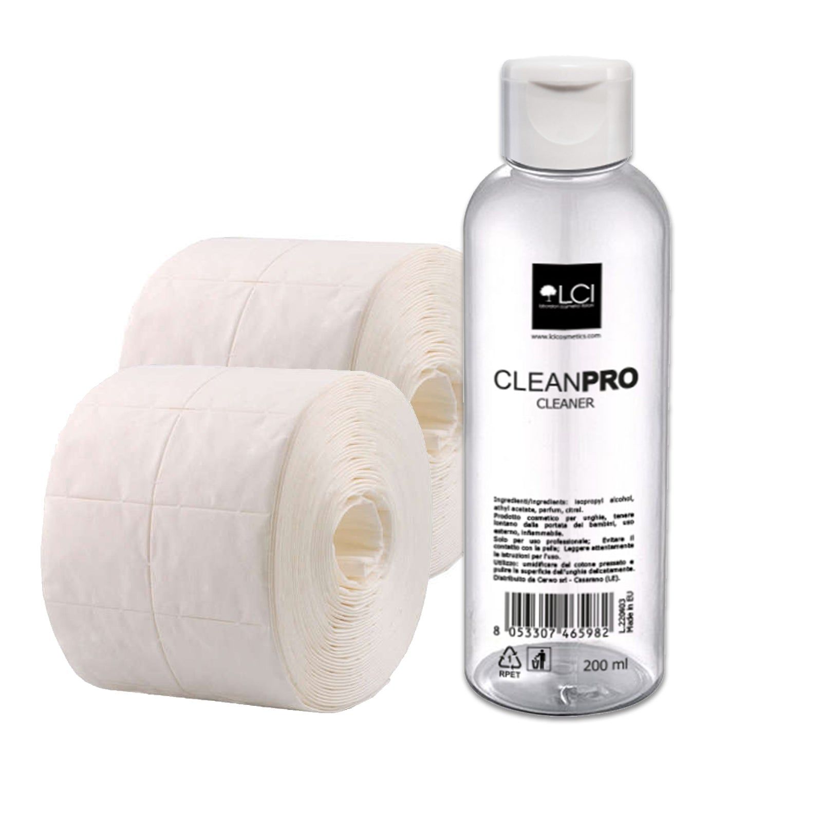 Due rotoli di dischetti di cotone e una bottiglia trasparente con tappo bianco. Scritta: CLEANPRO CLEANER. Marchio LCI Cosmetics.