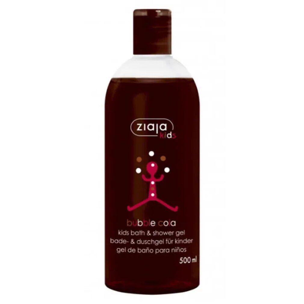 Flacone marrone di Ziaja Kids Gel De Baño Para Niños Bubble Cola. Logo e illustrazione di un giocoliere. 500 ml.