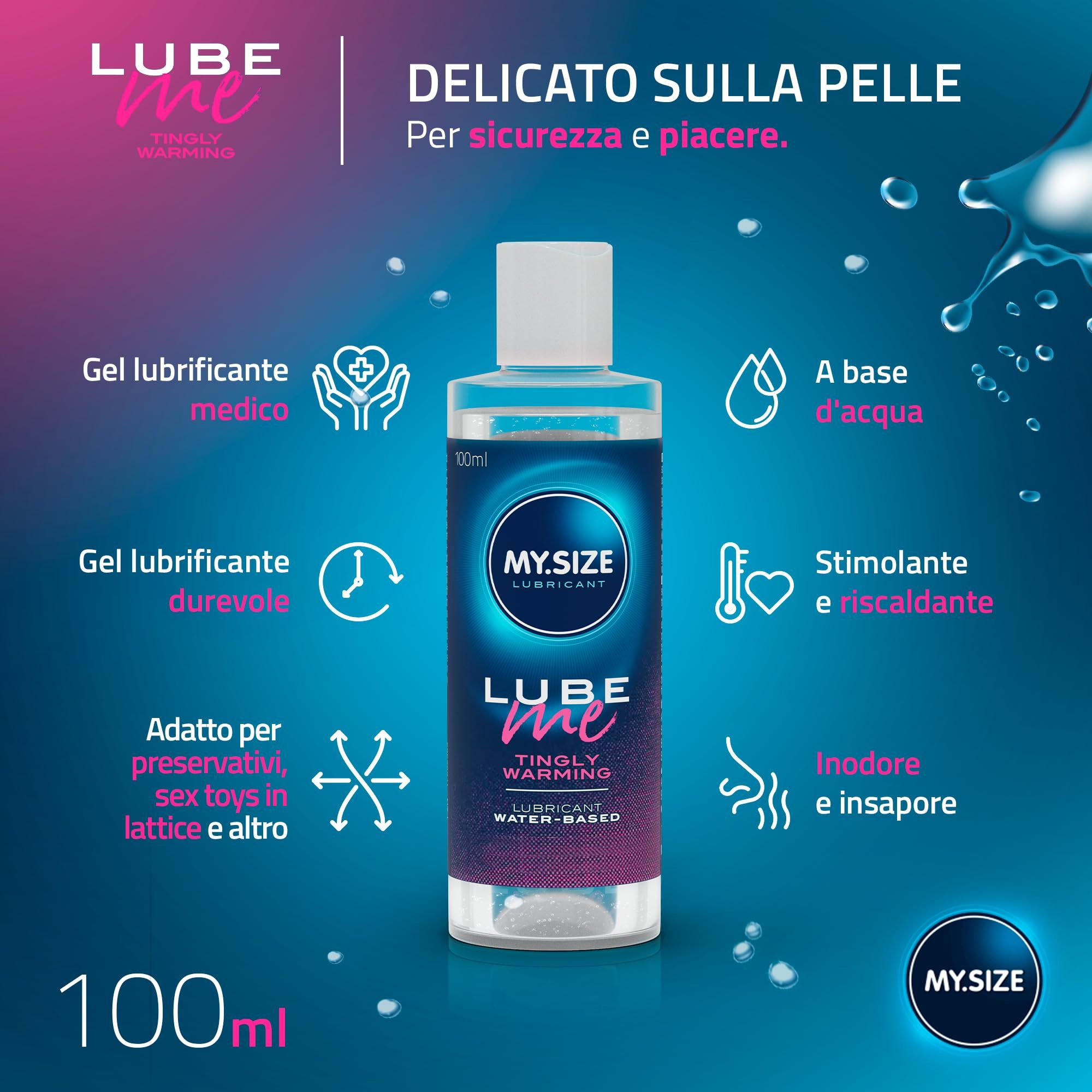 MY.SIZE Lube Me Gel Lubrificante Tingly Warming, flacone 100ml, con icone delle caratteristiche.