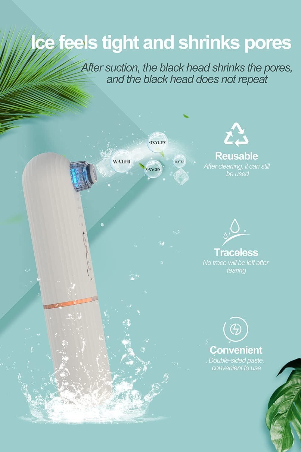 Dispositivo bianco con luce blu. Testo: Il ghiaccio stringe e restringe i pori. Funzioni: riutilizzabile, senza traccia, comodo.