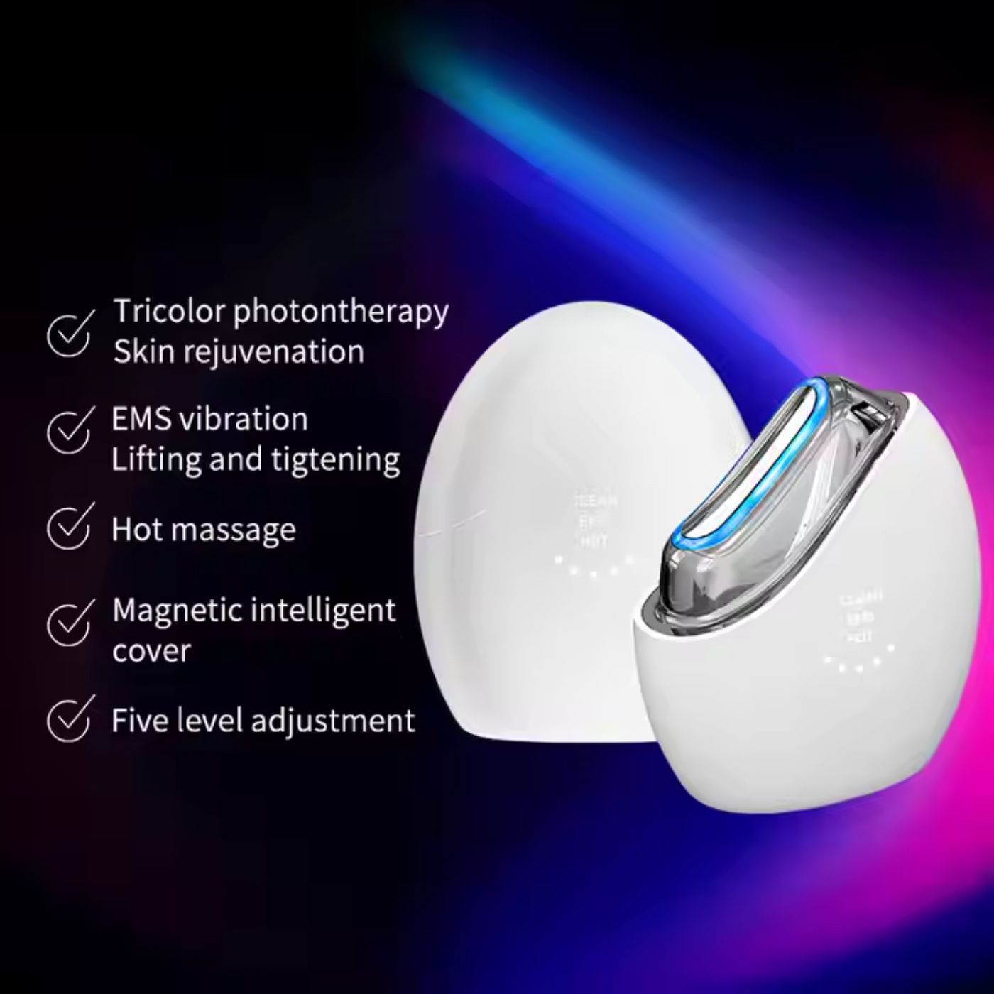 Dispositivo per massaggio viso e collo bianco con superficie argentata. Sono visibili LED. Testo: Clean, EMS, Hot.