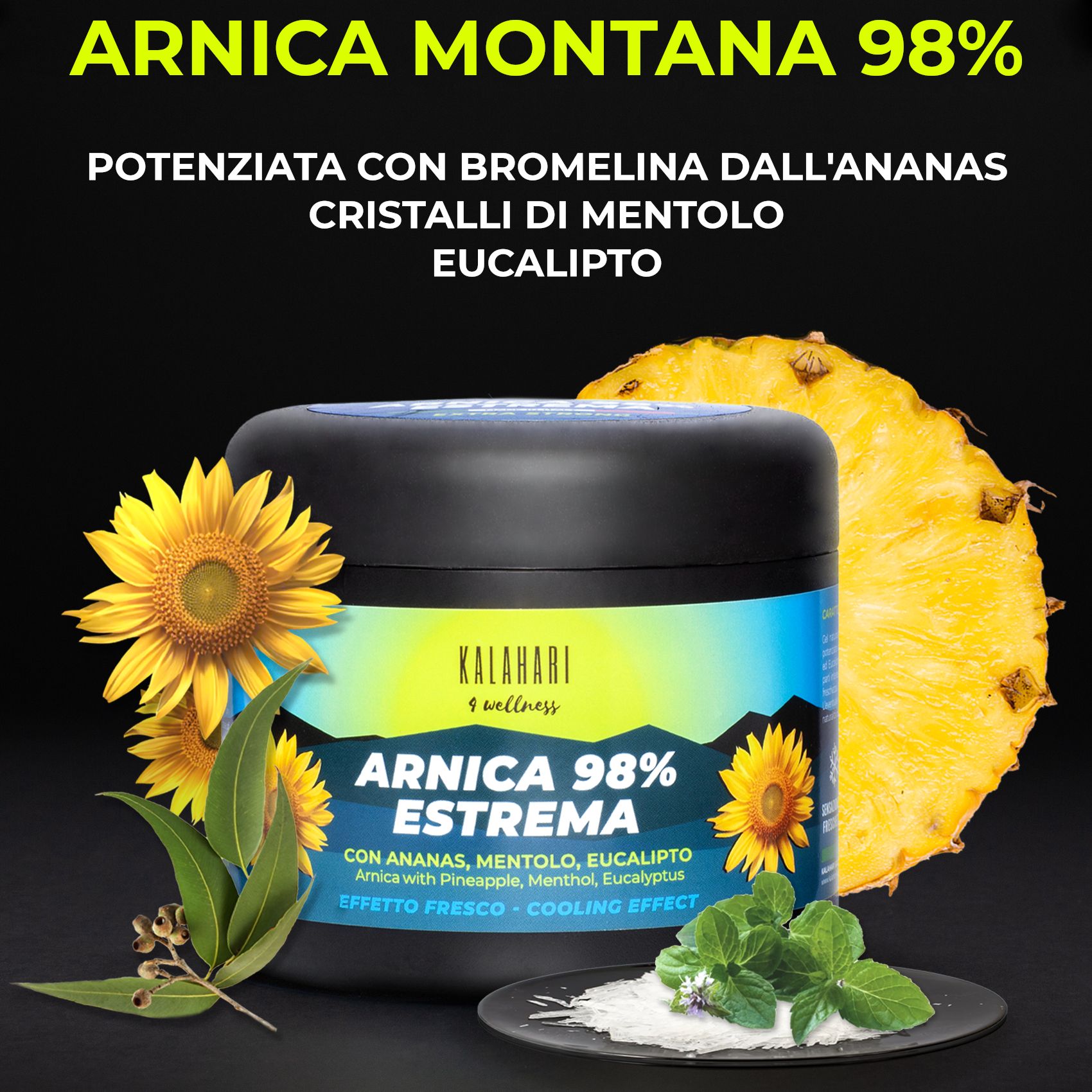 Vasetto KALAHARI Arnica 98% ESTREMA accanto ad ananas, menta e foglie di eucalipto.