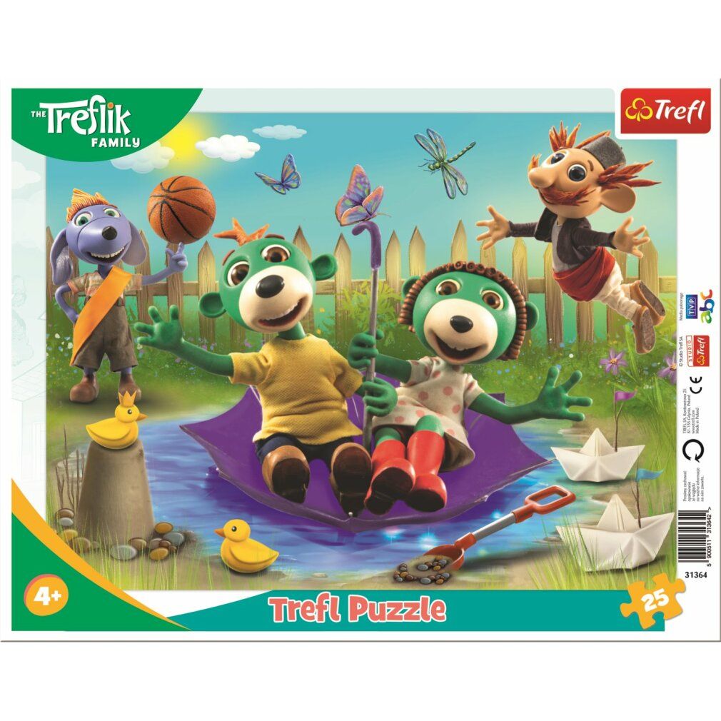 Puzzle da 25 pezzi. Tema: Famiglia Treflik. Confezione mostra puzzle completo con personaggi. Età consigliata: 4+