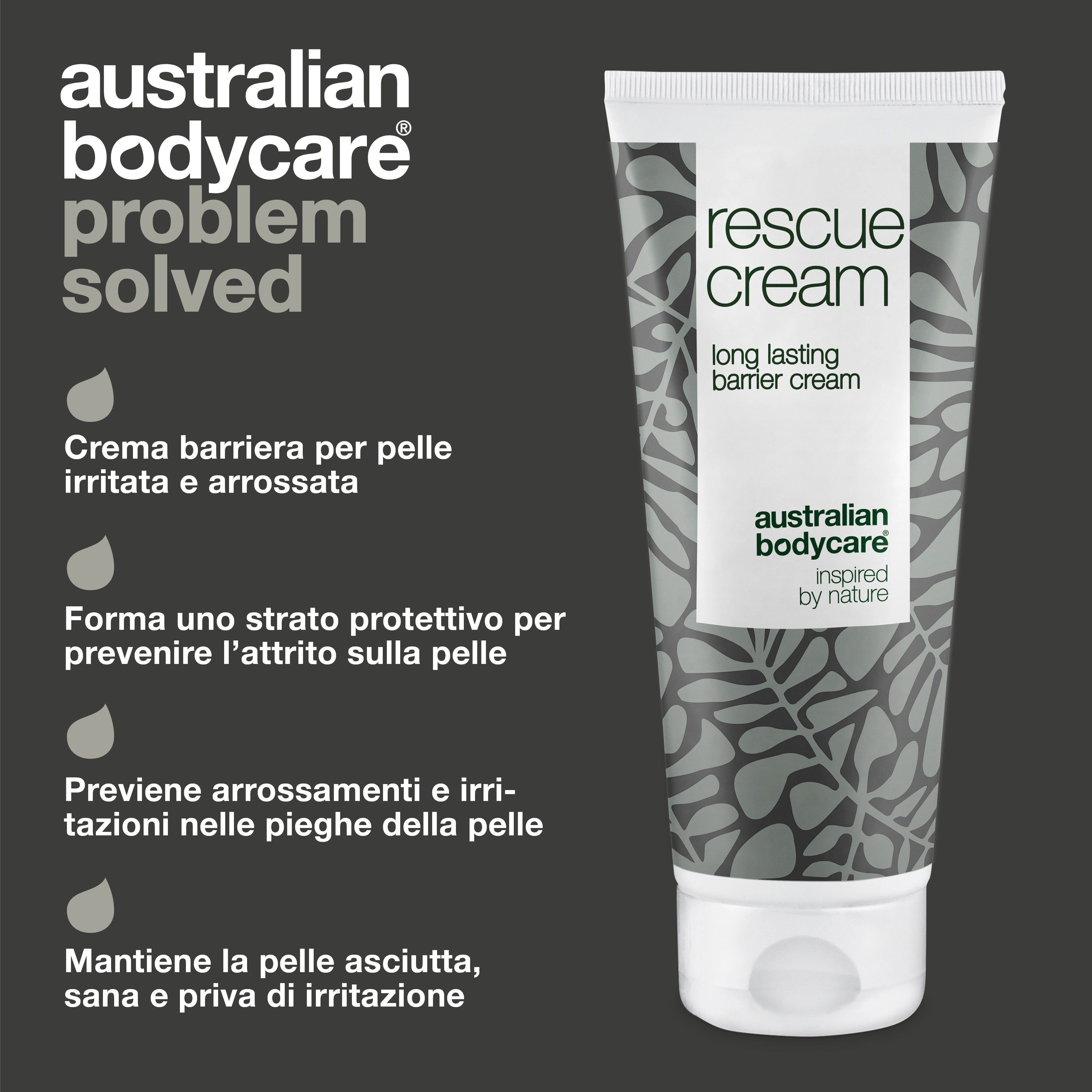 Tubo di crema barriera e testo. Testo: rescue cream, australian bodycare.