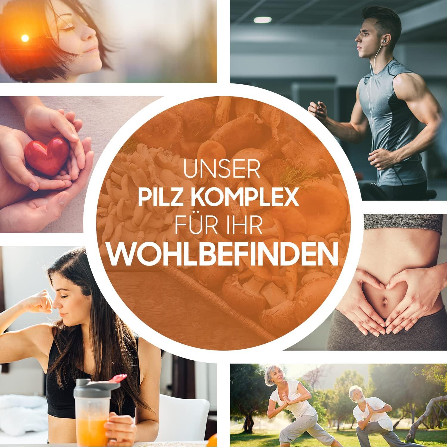 Collage con persone e illustrazioni di funghi. Scritta: Pilz Komplex für Ihr Wohlbefinden. Marchio: WeightWorld. Scene diverse.