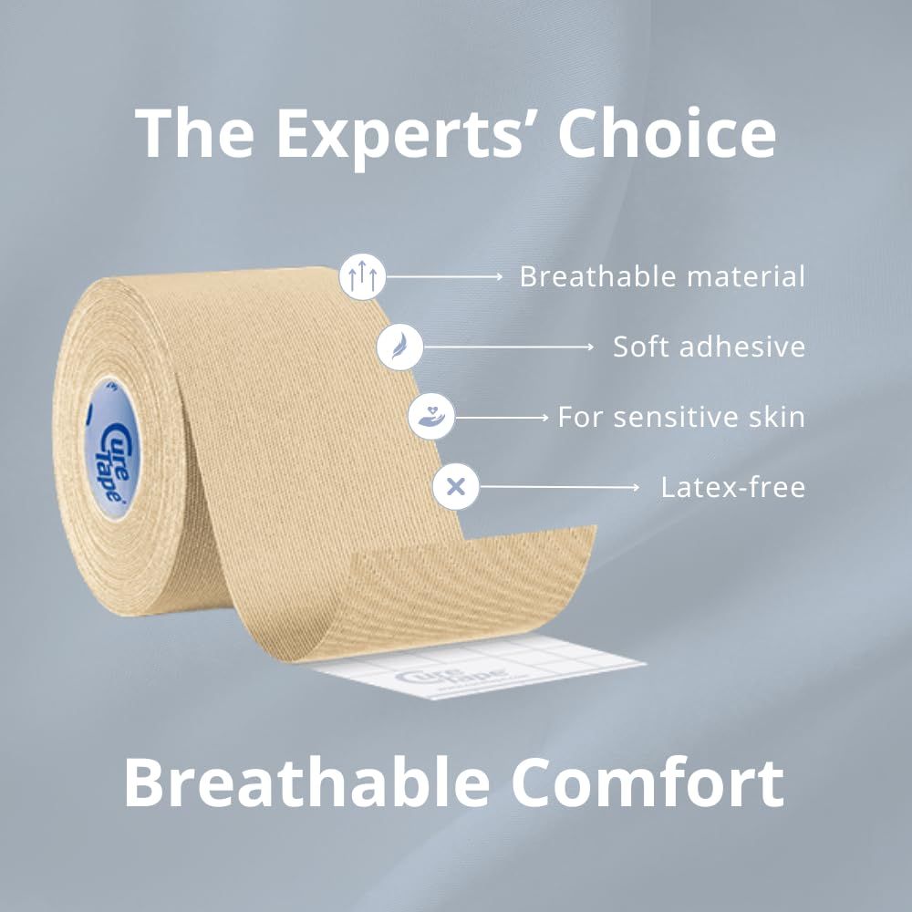 Rotolo di tape kinesiologico beige. Logo CureTape. Caratteristiche: traspirante, adesivo morbido, per pelli sensibili, senza lattice.