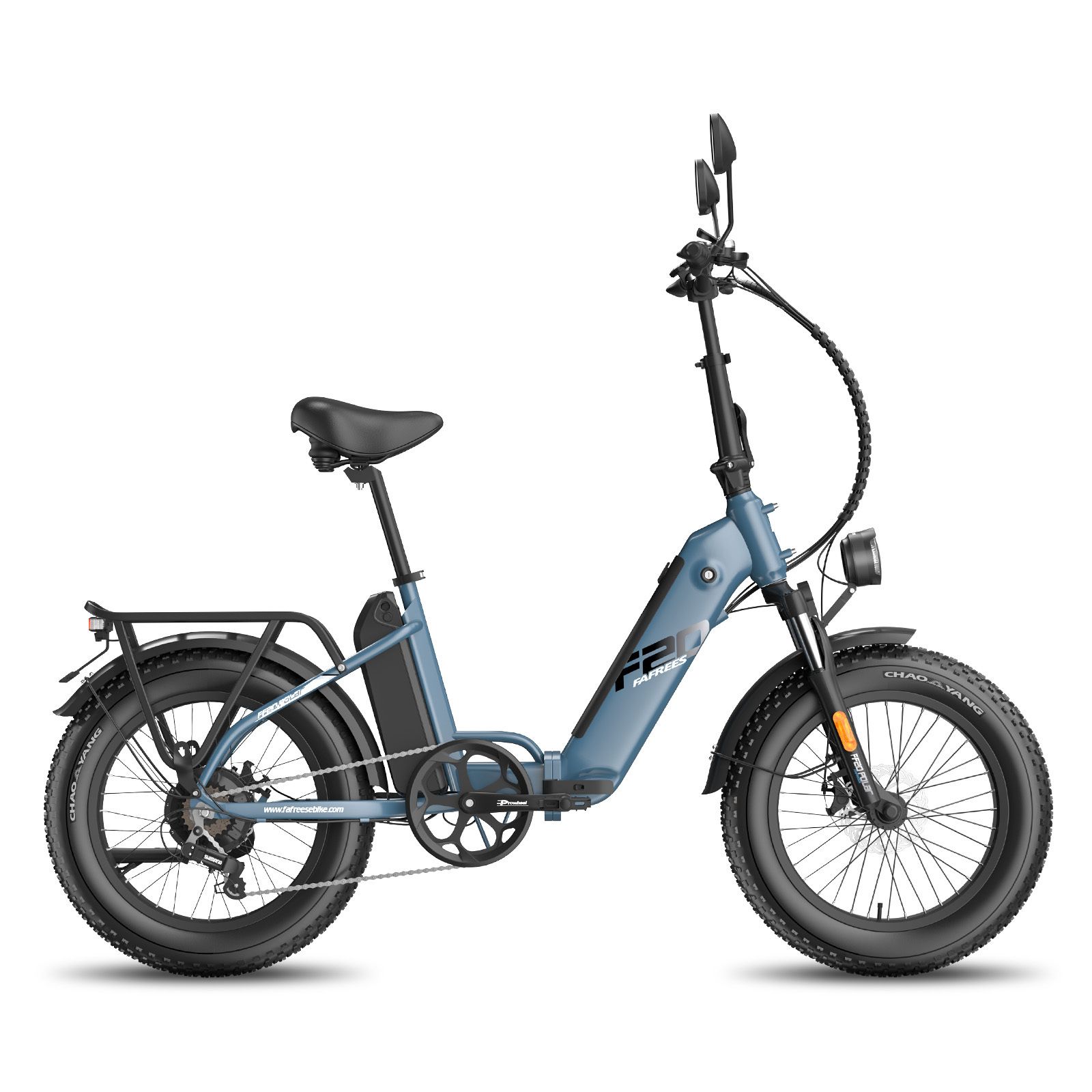 E-bike blu Fafrees FF20 Polar con doppia batteria. Pneumatici, sella e portapacchi neri. Faro anteriore.
