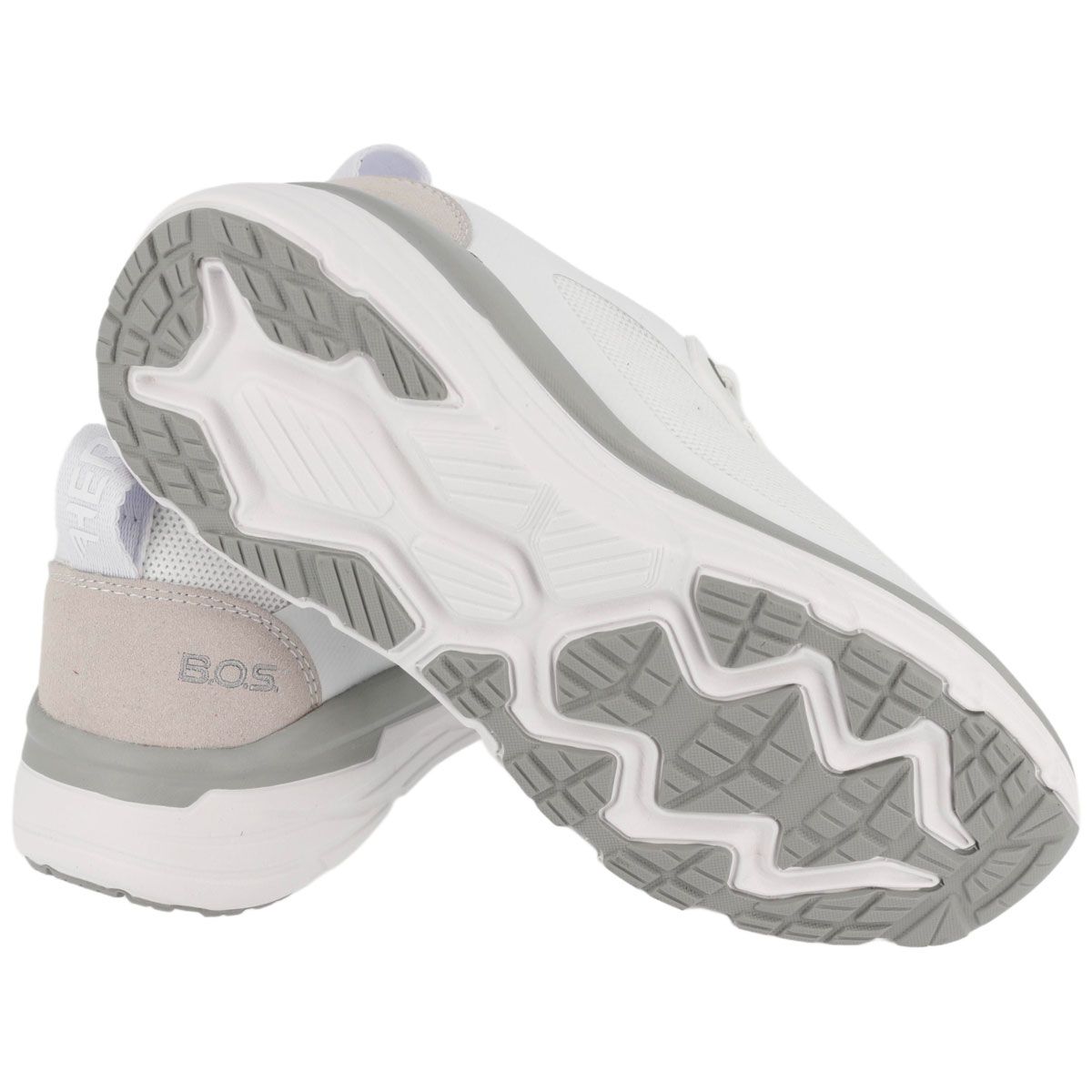 Vista inferiore di una sneaker bianca con suola grigia. Marchio Hergos.