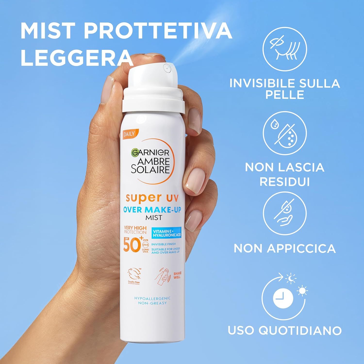 Garnier Ambre Solaire Super UV Over Make-up Mist LSF 50+. Testo: Nebbia leggera e protettiva. Uso quotidiano.