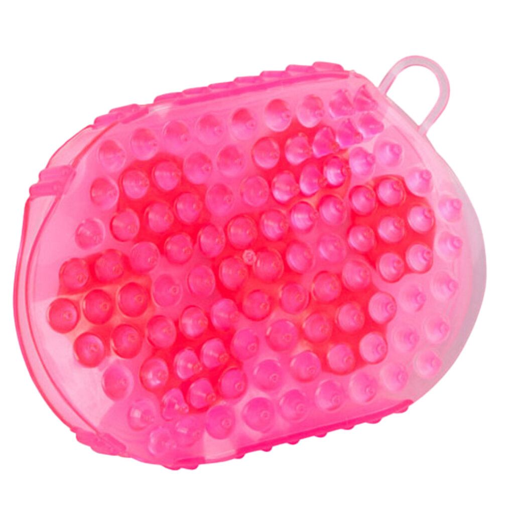 Spazzola massaggiante rosa con borchie. Ovale, con manico. In plastica trasparente.