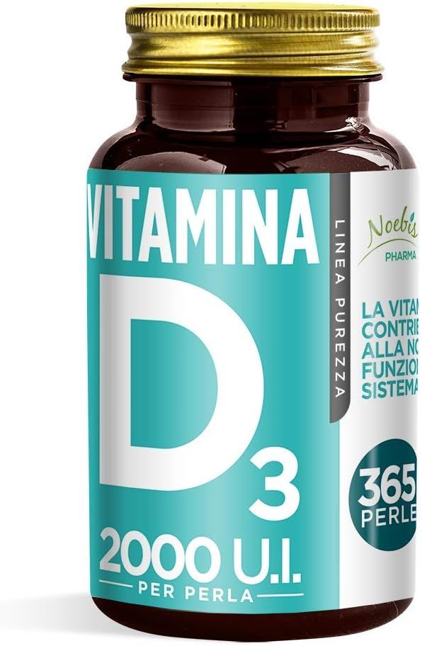 Flacone Vitamina D3 2000 UI, 365 perle. Logo Noebis Pharma e benefici salute.