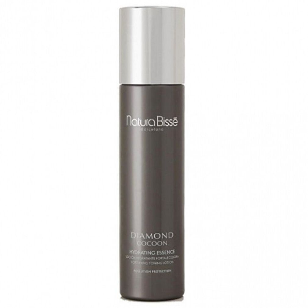 Flacone grigio con tappo argentato. Scritta: Diamond Cocoon, Hydrating Essence. Marchio Natura Bissé.