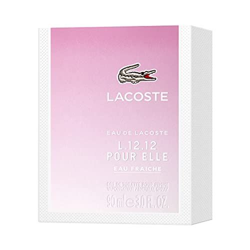 Confezione bianca con accento rosa. Logo coccodrillo. Testo: L.12.12 POUR ELLE, Eau Fraiche.
