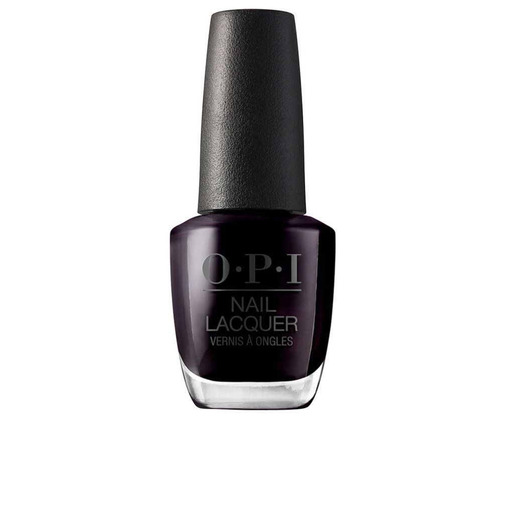 Flacone di smalto viola scuro con tappo nero. Etichetta O.P.I. Nail Lacquer.