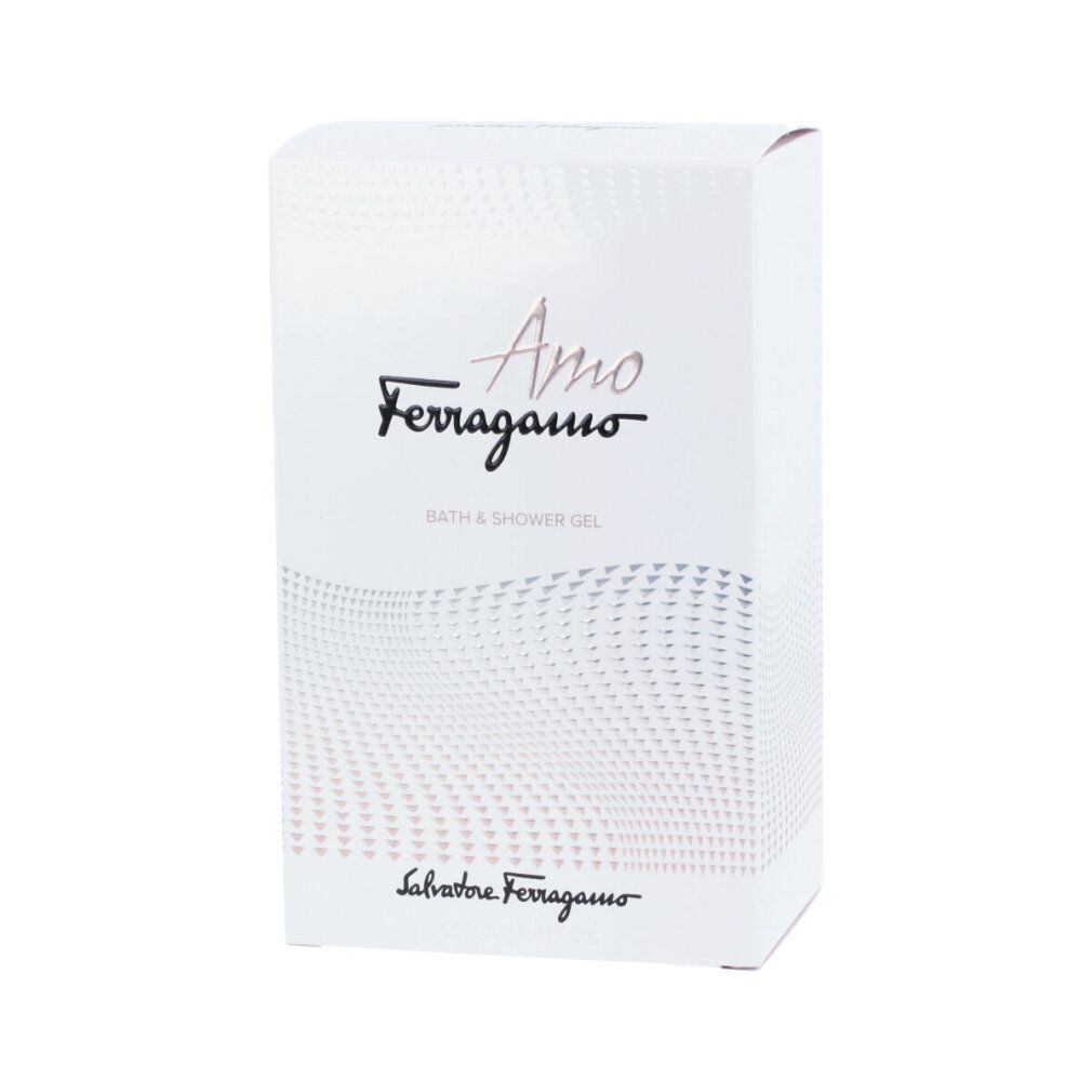 Scatola bianca con Amo Ferragamo, Bath & Shower Gel. Logo Salvatore Ferragamo.