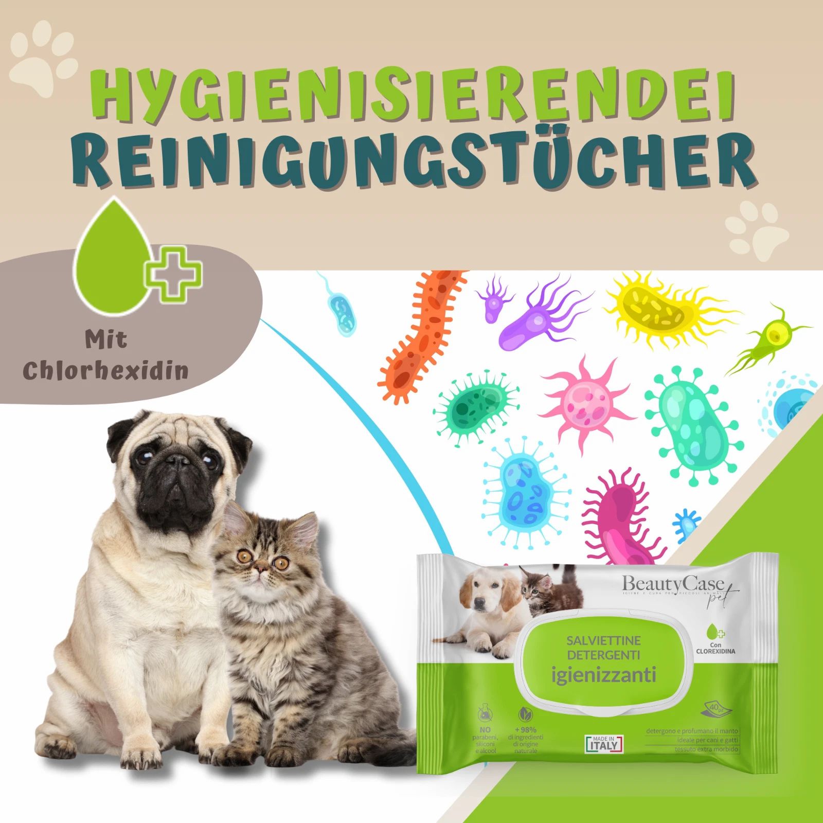Confezione di Salviette Detergenti Animali Igienizzanti con Clorexidina. Con Clorexidina. Rappresentati cani e gatti. Marchio BeautyCase pet.