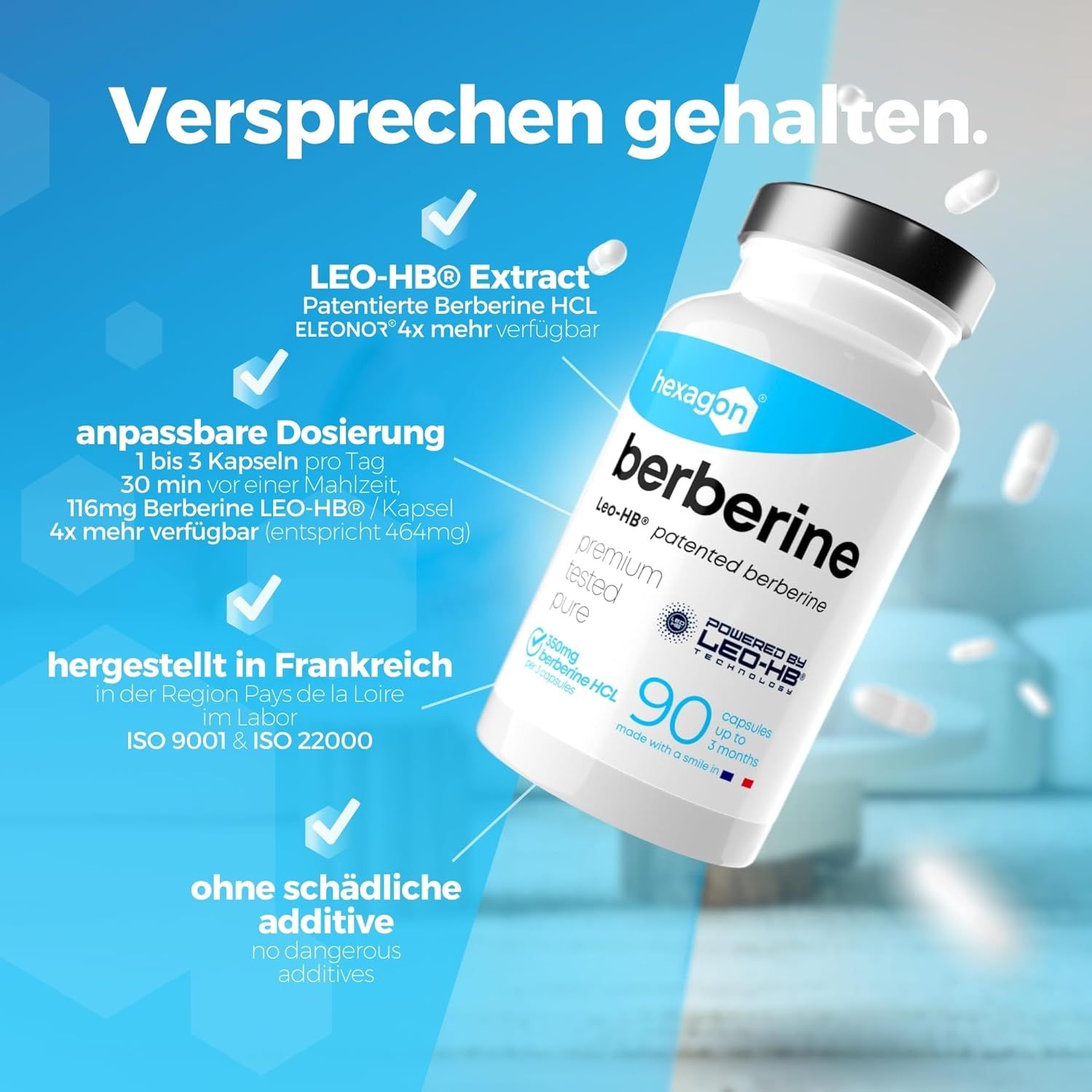 Capsule di Berberina Hexagon: Flacone da 90 capsule, prodotto in Francia, senza additivi nocivi.