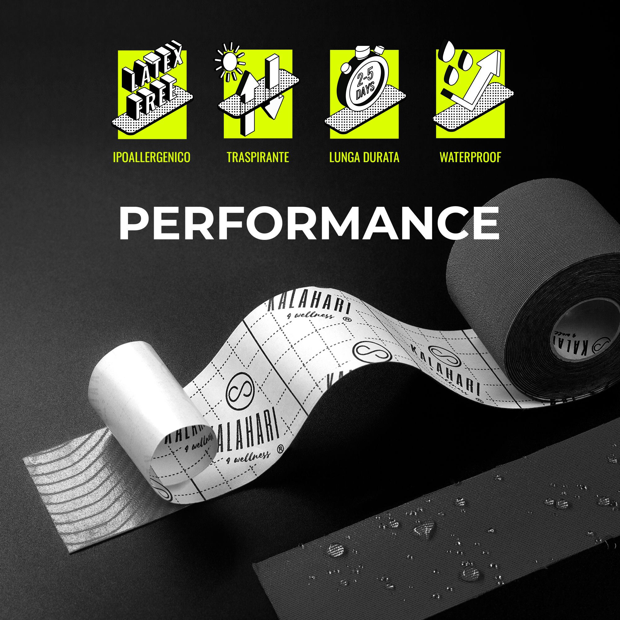 Kinesiology Tape Kalahari: Ipoallergenico, traspirante, lunga durata, impermeabile.