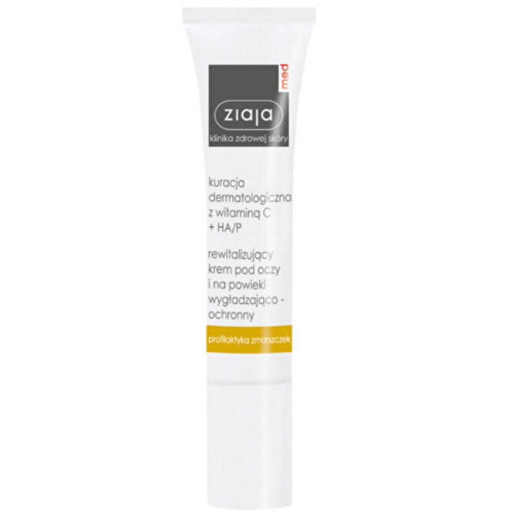 Tubo bianco con scritta ZIAJA MED, trattamento dermatologico con Vitamina C + HA/P, crema rivitalizzante contorno occhi.
