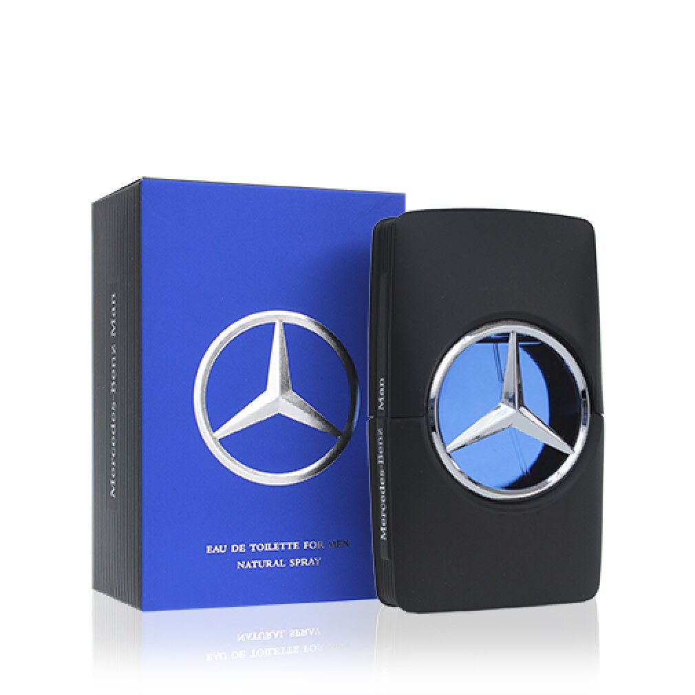 Confezione blu e nera con flacone. Logo Mercedes-Benz. Testo: Mercedes-Benz Man, Eau de Toilette for Men, Natural Spray.