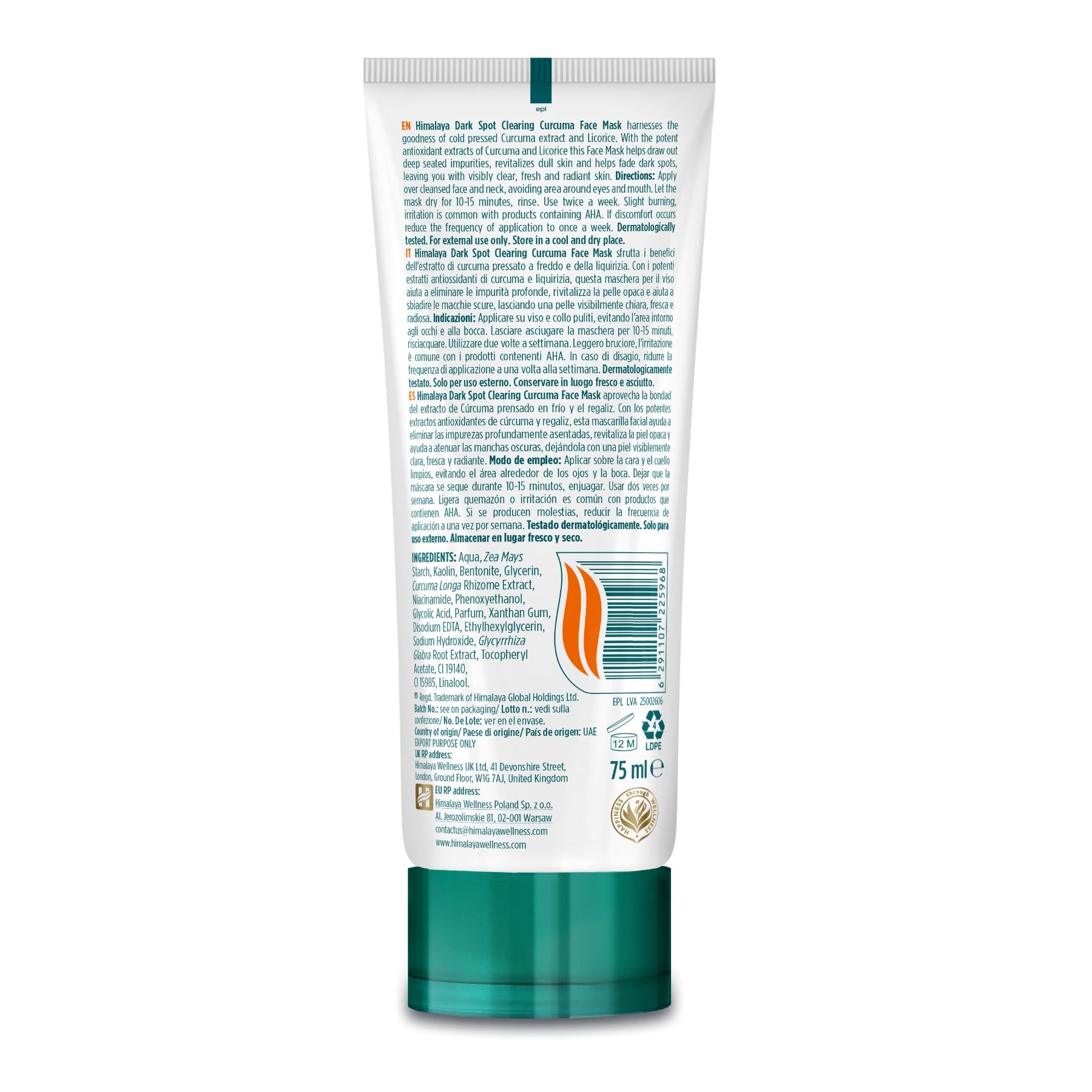 Retro di un tubetto di maschera viso con ingredienti e istruzioni per l'uso.