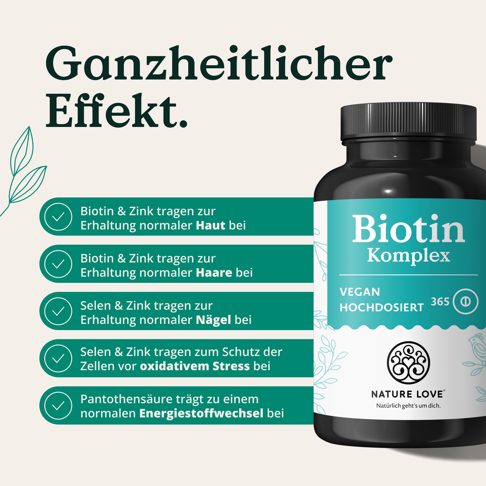 Flacone di Biotin Komplex con elenco dei benefici per pelle, capelli, unghie e protezione cellulare.