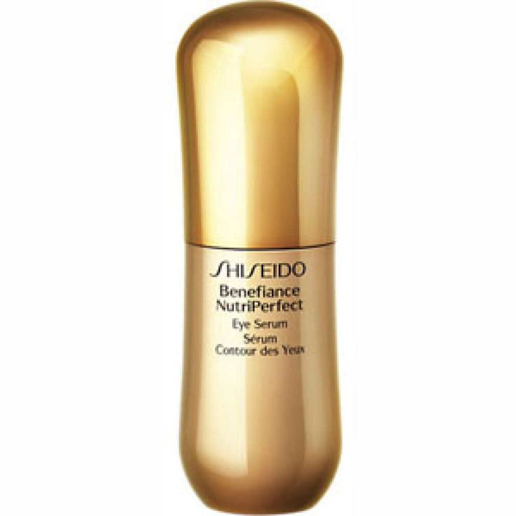 Flacone di crema per occhi dorato. Scritta: Shiseido Benefiance NutriPerfect Eye Serum. 15ml.