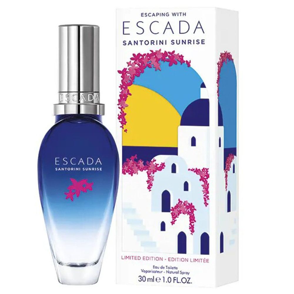 Flacone di profumo e confezione. Flacone blu trasparente, tappo argentato. Confezione con illustrazioni e testo.