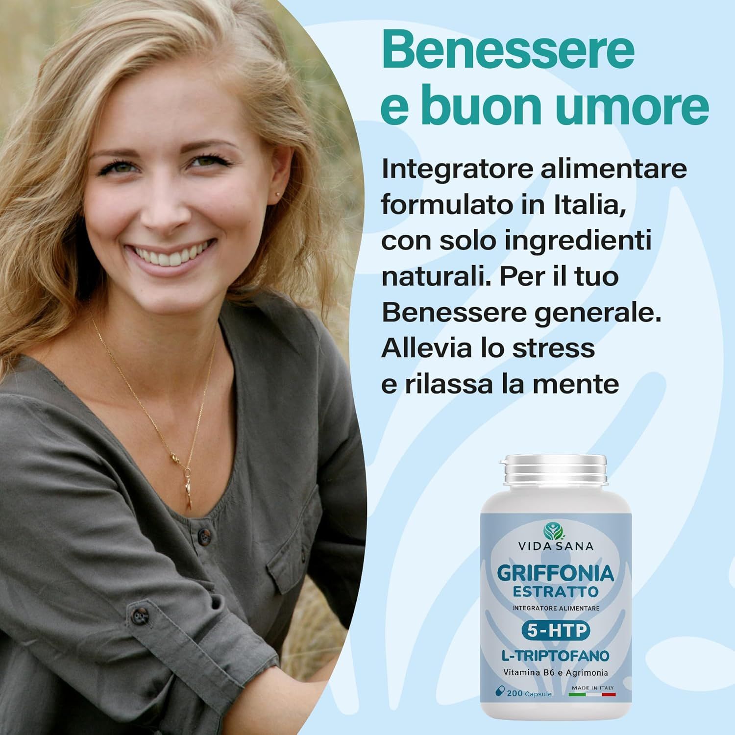 Donna sorridente. Flacone del prodotto. Testo: Benessere e buon umore. Integratore alimentare dall'Italia. Per il benessere generale.