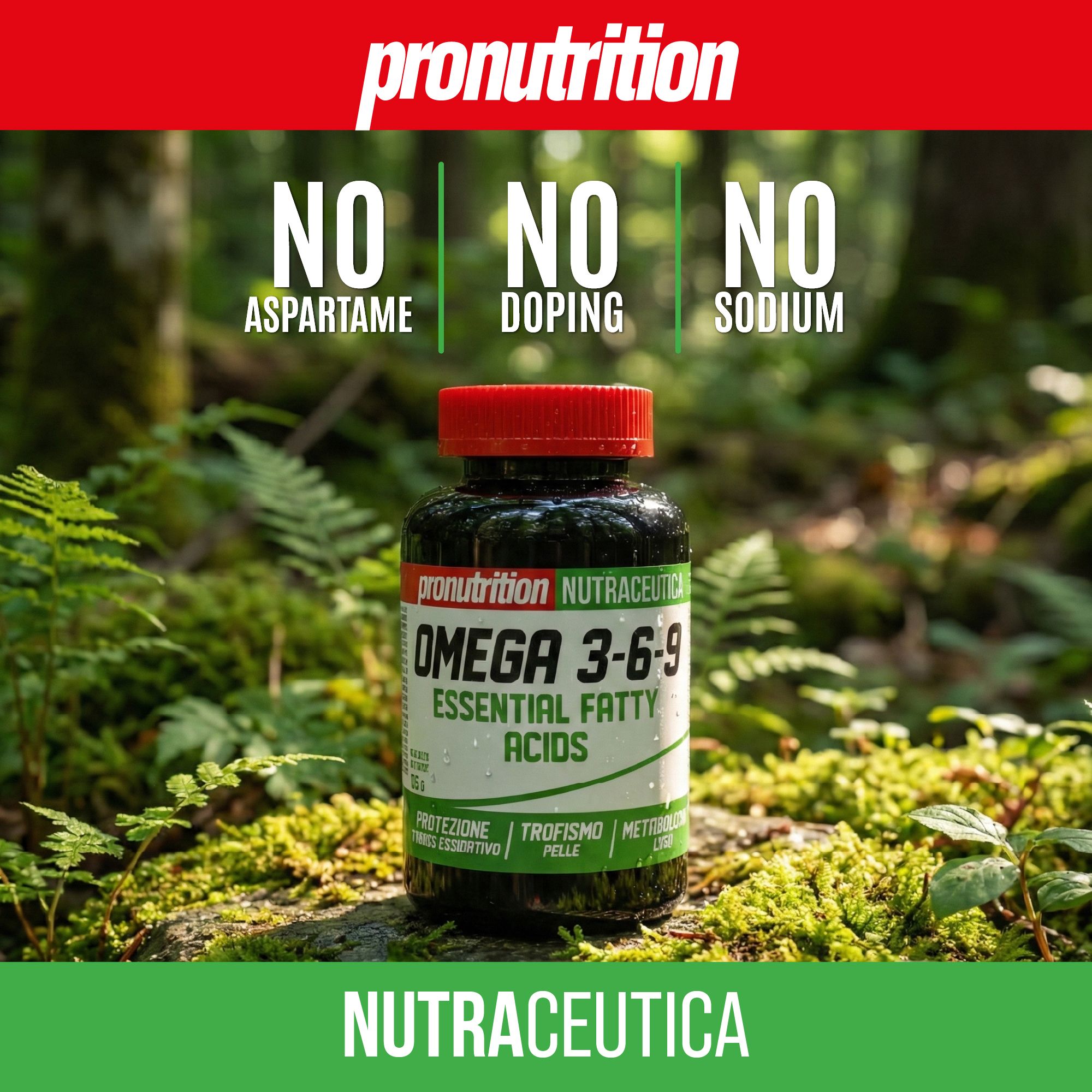 Flacone scuro con tappo rosso. Scritta: Omega 3-6-9 Essential Fatty Acids. Marca: Pronutrition. Etichetta verde e bianca.