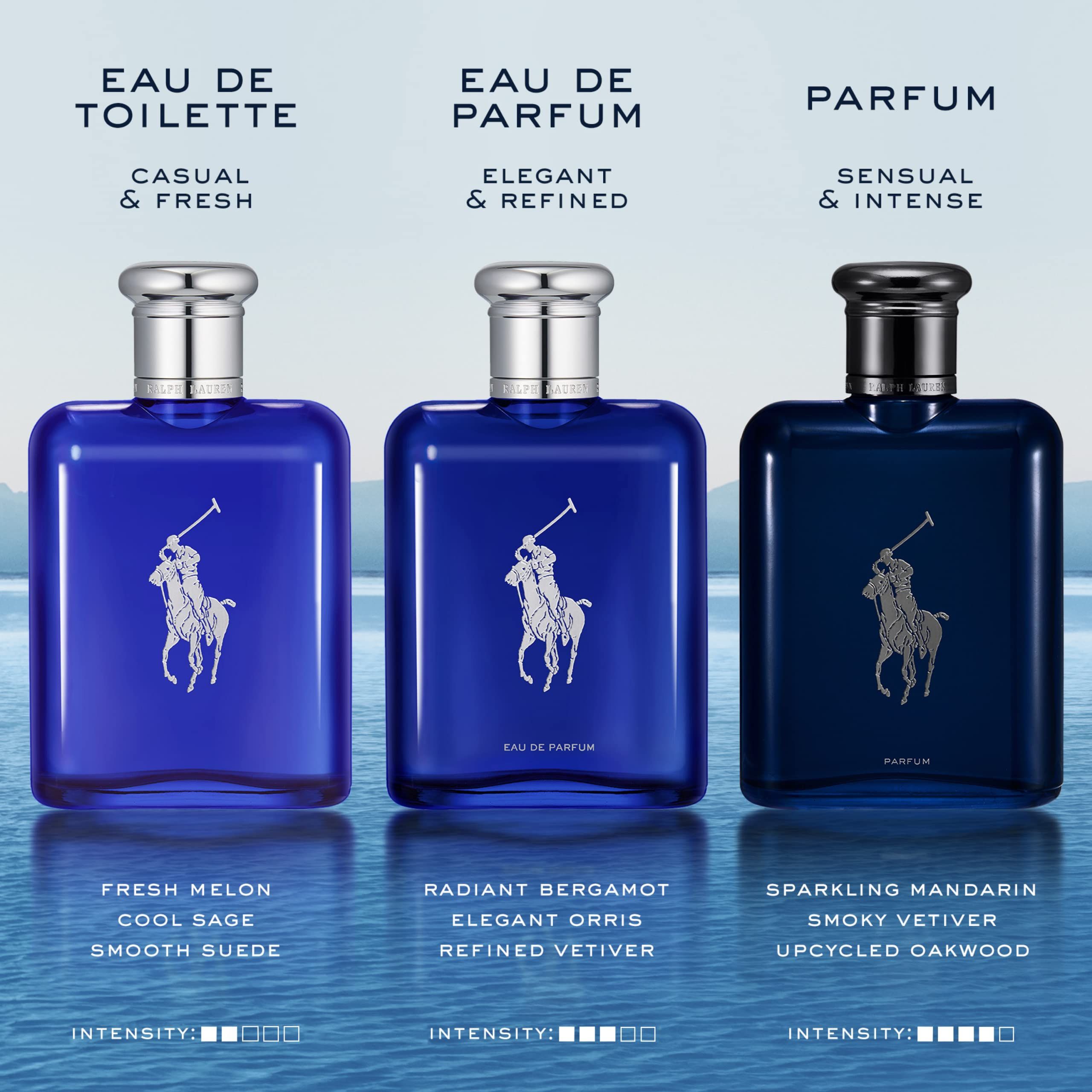 Tre flaconi di profumo blu con tappi argentati. Testo: Eau de Toilette, Eau de Parfum, Parfum. Ingredienti: Fresh Melon, Cool Sage, Smooth Suede.