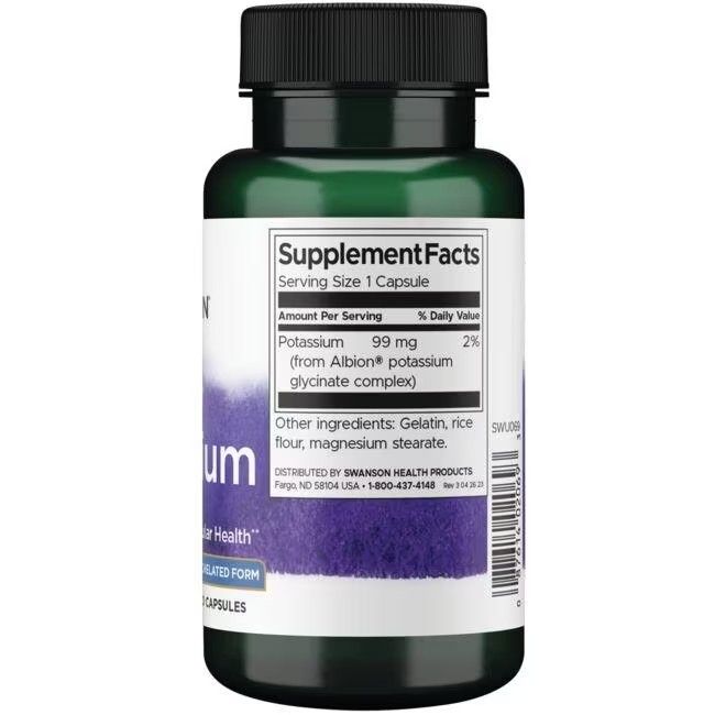 Retro di una bottiglia verde con tappo nero. Scritta: Supplement Facts. Contiene potassio.