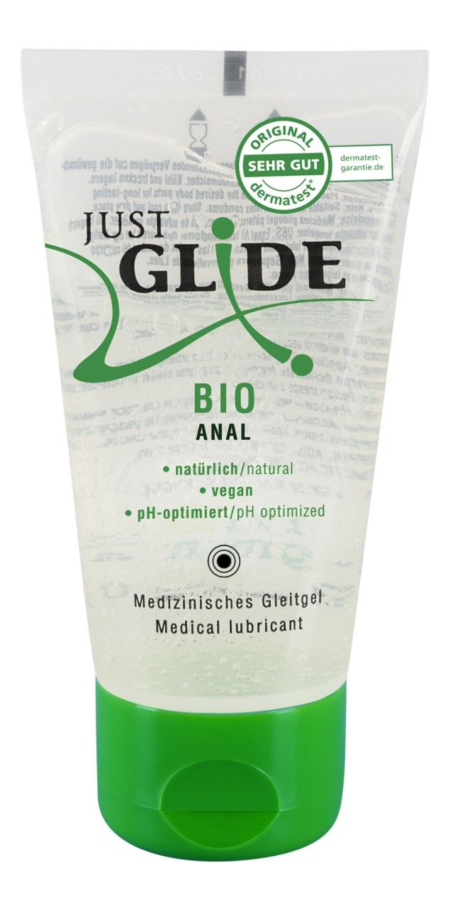 Tubo di gel lubrificante Just Glide Bio Anal con sigillo Dermatest "Sehr Gut". Vegano e pH ottimizzato.