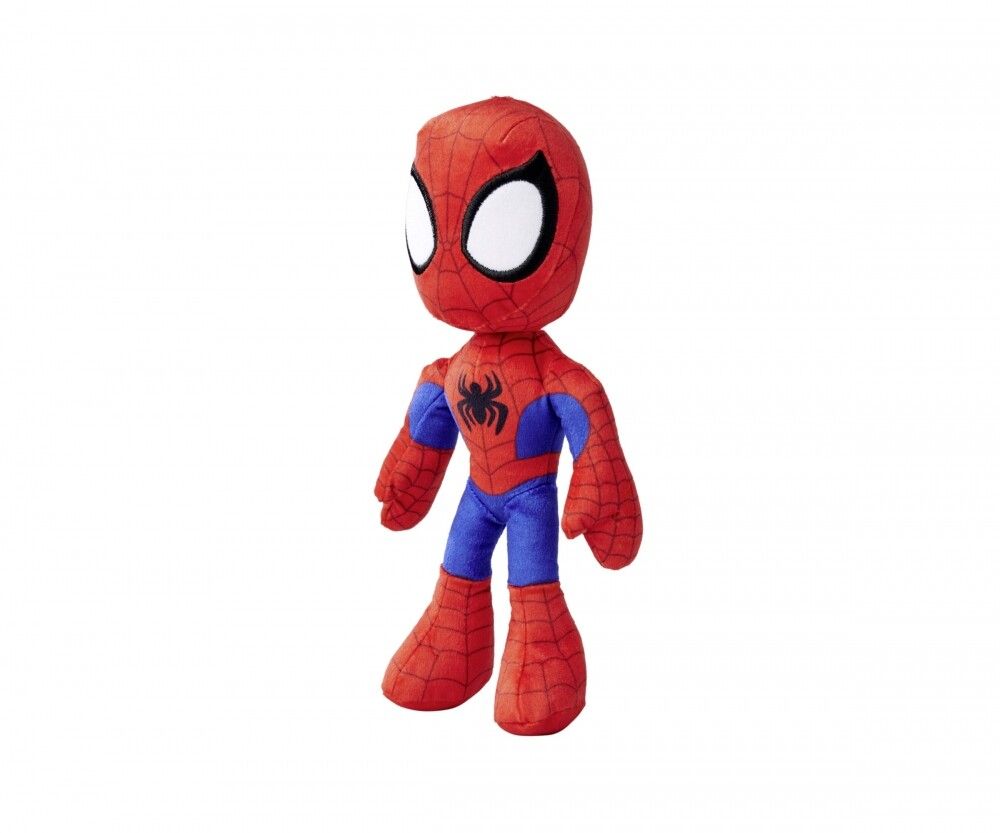 Peluche Spider-Man rosso e blu, occhi bianchi. Logo ragno nero sul petto. Vista prospettica.