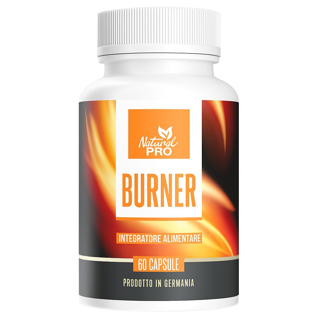 Flacone di pillole bianco con etichetta arancione. Scritta: Natural Pro | BURNER. 60 capsule. Integratore alimentare.