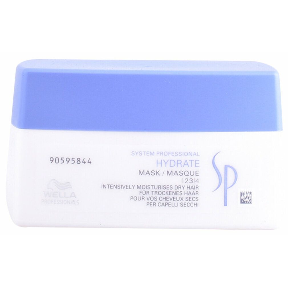 Barattolo bianco e blu. Scritta: Hydrate Mask, logo Wella Professionals, logo SP, testo multilingue.