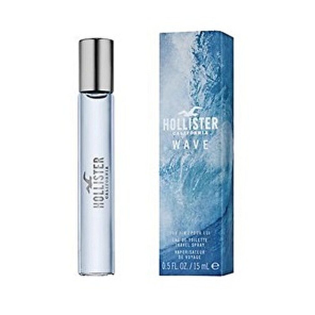 Vaporizzatore cilindrico e confezione. Vaporizzatore con liquido azzurro. Confezione con scritta: Hollister California Wave.